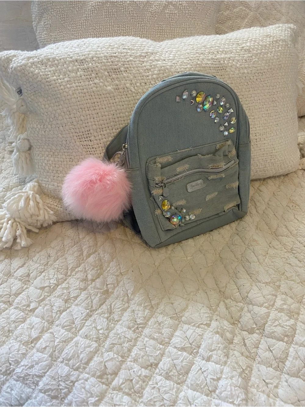 Justice Light Gray Mini Backpack with Pink Pom Pom and Gem Accents